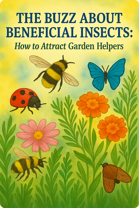 “Watercolor-style illustration showing bees, a ladybird, a butterfly, and a moth among colorful flowers with the title: ‘The Buzz About Beneficial Insects: How to Attract Garden Helpers’.”
