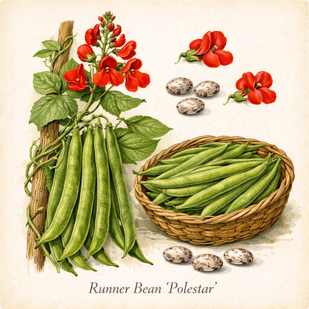 Botanical illustration of Runner Bean ‘Polestar’ with climbing vine, red flowers and green pods