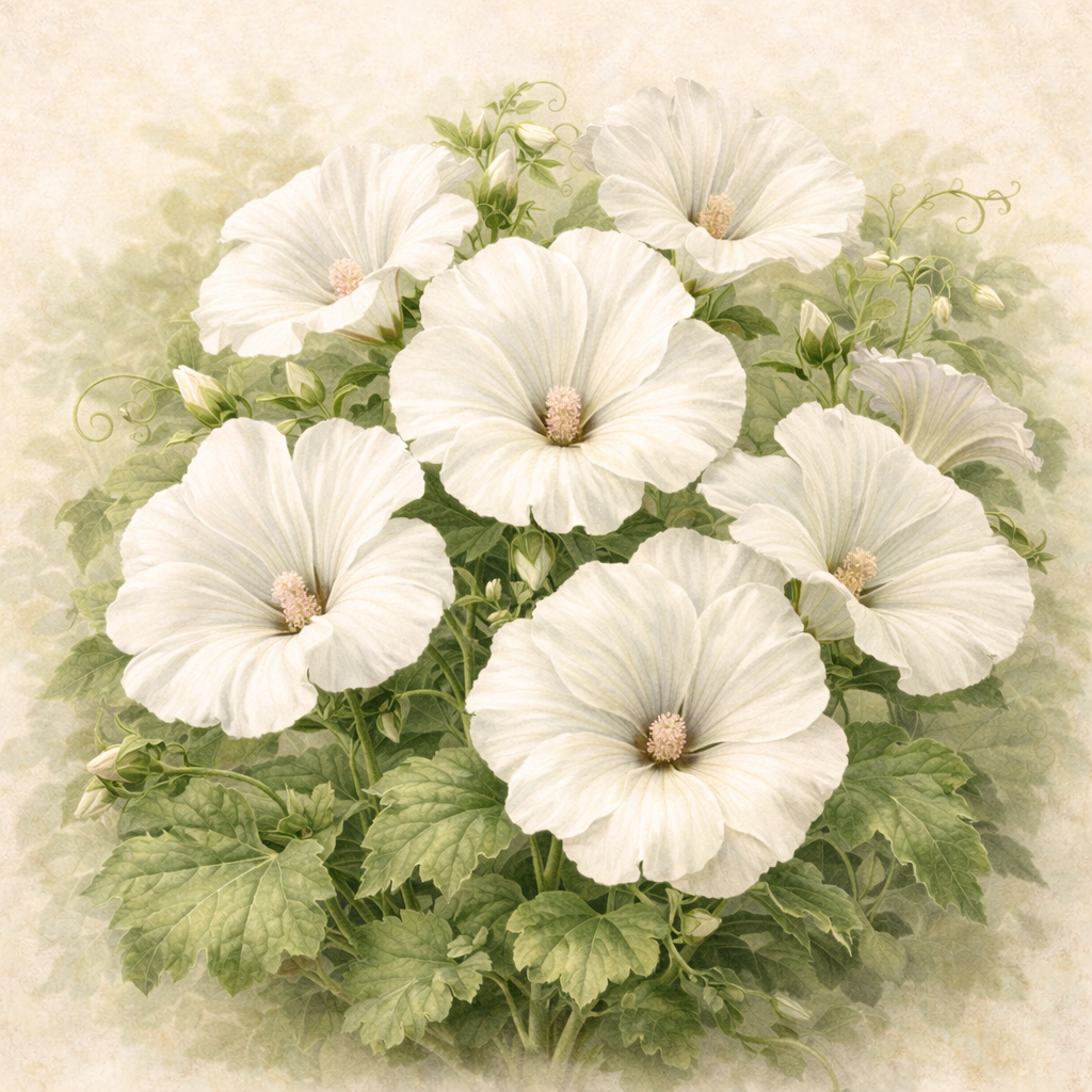 Botanical illustration of Lavatera ‘Mont Blanc’ white mallow flowers with green leaves