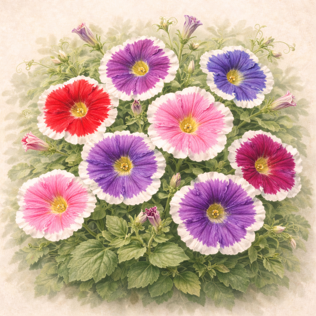 Botanical illustration of Petunia ‘Hula Hoop Mix’ picotee flowers with white-edged blooms