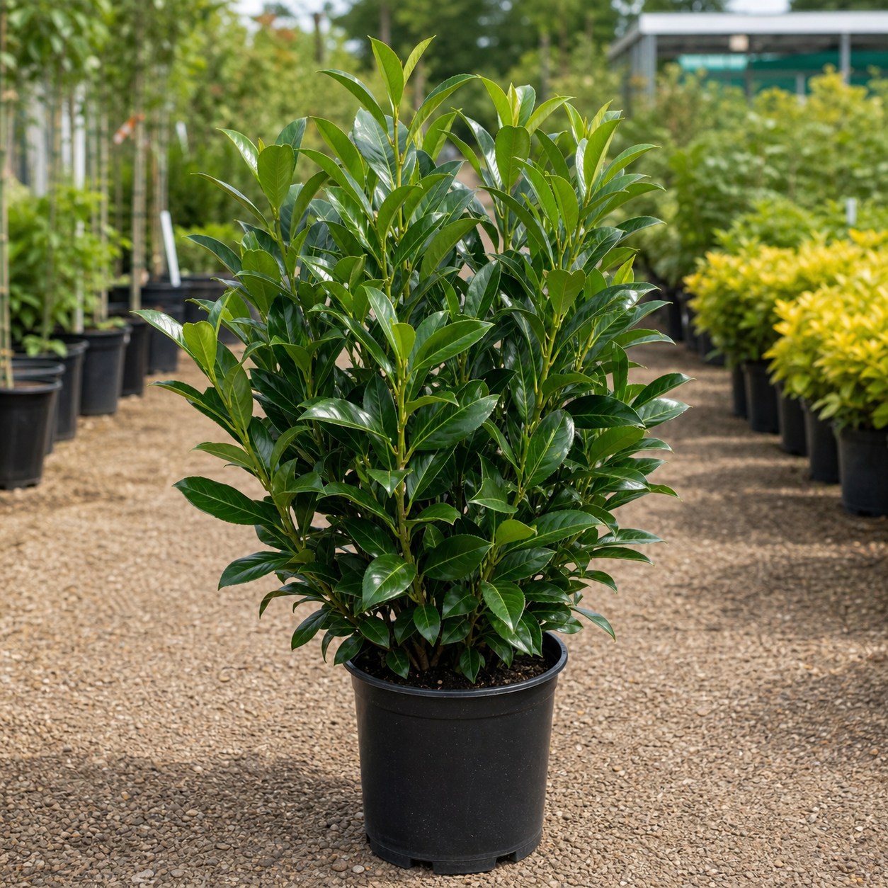 Potted Prunus laurocerasus Cherry Laurel hedging plant with glossy evergreen foliage