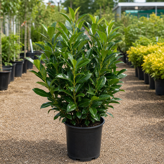 Potted Prunus laurocerasus Cherry Laurel hedging plant with glossy evergreen foliage