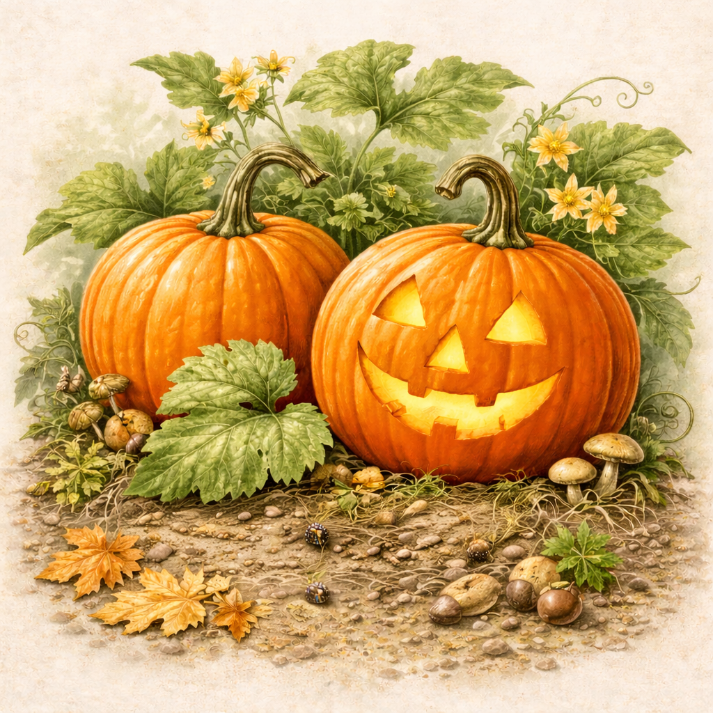 Two pumpkins, one with a carved face, surrounded by leaves and flowers on a textured background.