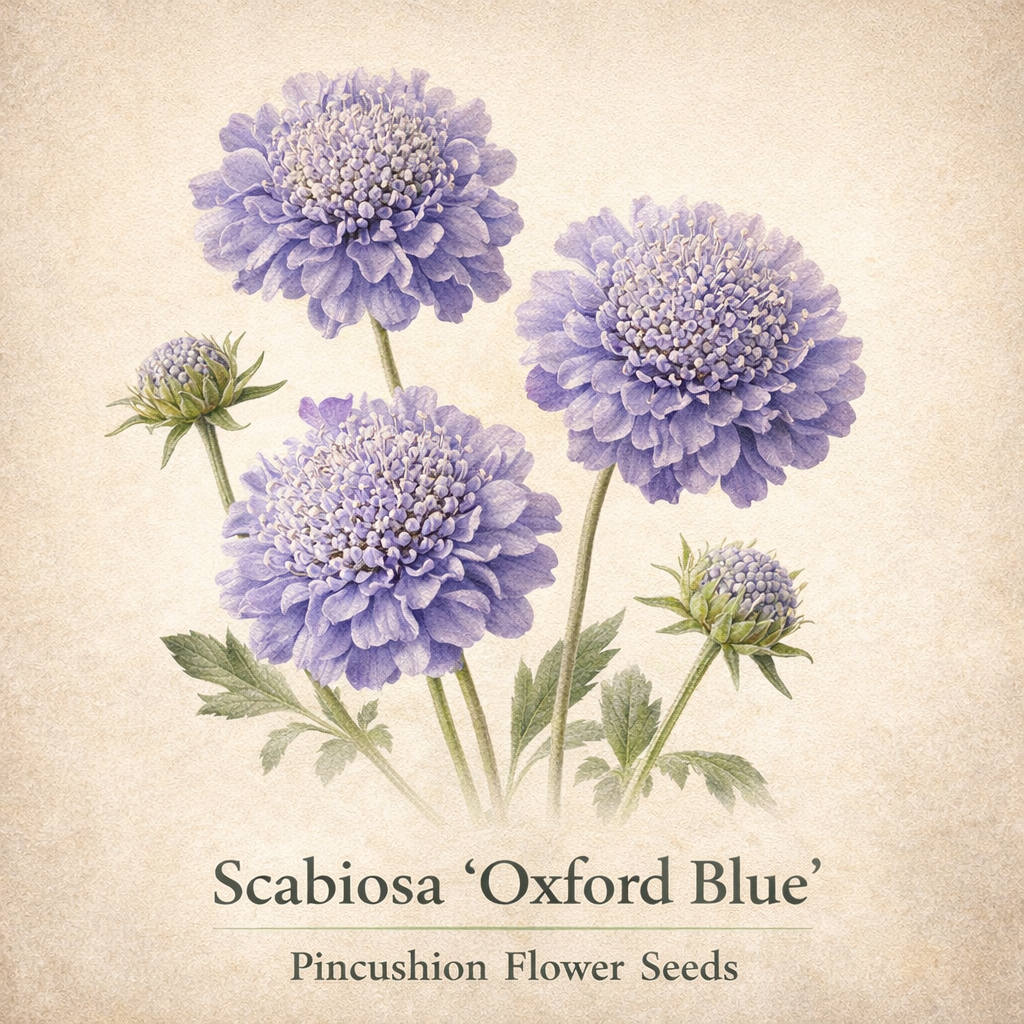 Botanical illustration of Scabiosa ‘Oxford Blue’ pincushion flower grown from seed