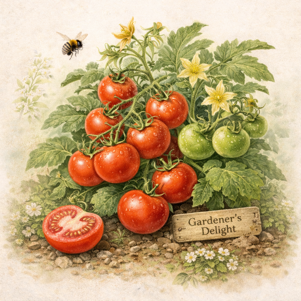 Botanical illustration of Tomato ‘Gardeners Delight’ plant with red fruits and yellow flowers